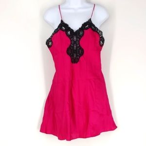 Vintage Hot Pink Black Satin Nightie Baby Doll Medium